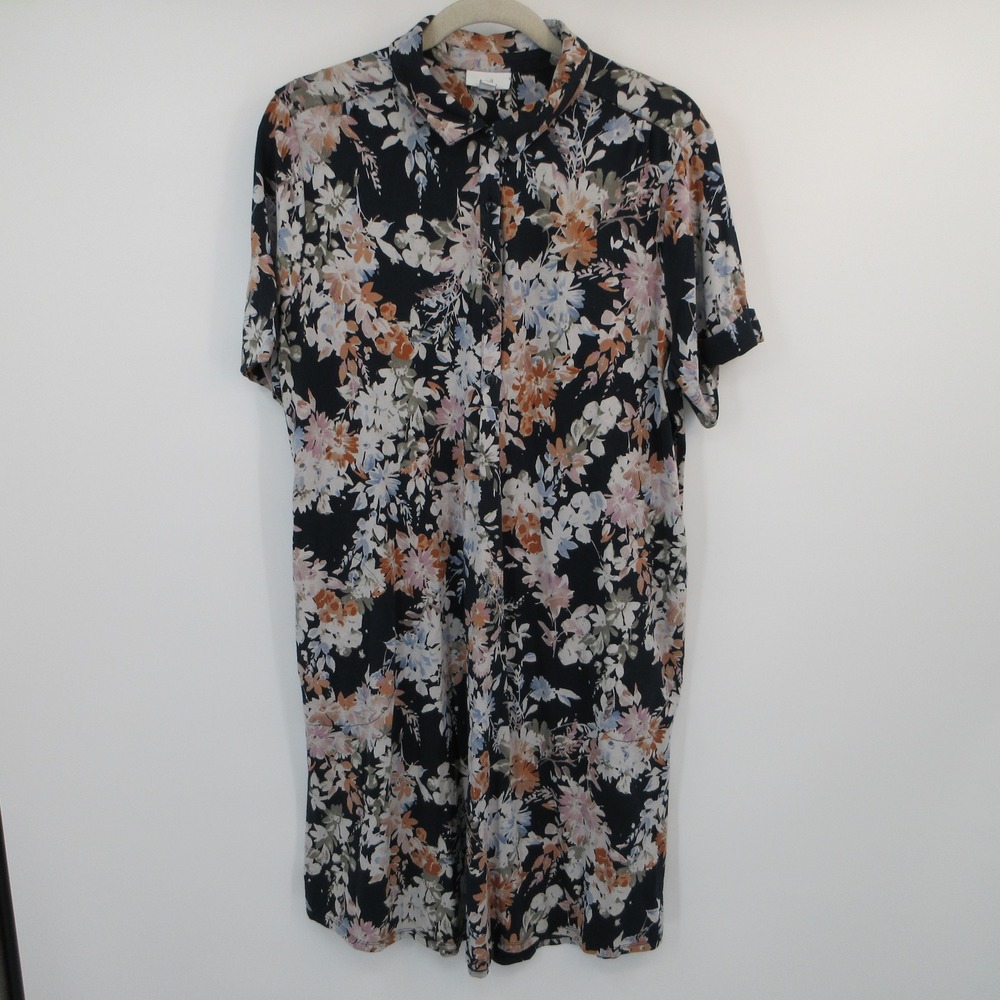 J. Jill Womens Floral Pima Cotton Modal Shirt Dress Navy Blue Short Sleeve L